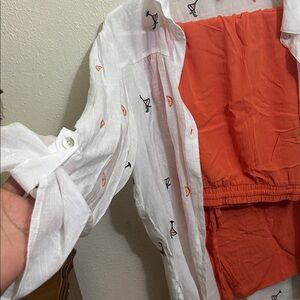 Orange Two-Piece Set with White Embroidered Shirt
